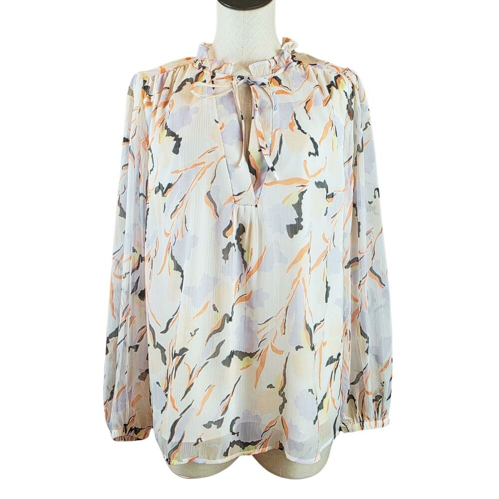 Joie Size Large Cream Abstract Floral Sheer Lined Ruffle Collar Top Blouse Boho